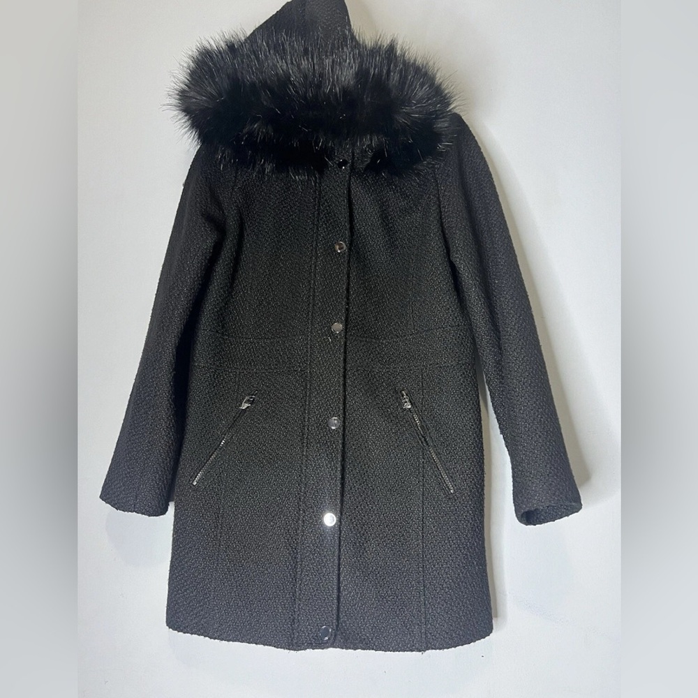 INC International Concepts Black Puffer Coat with Fur Trim